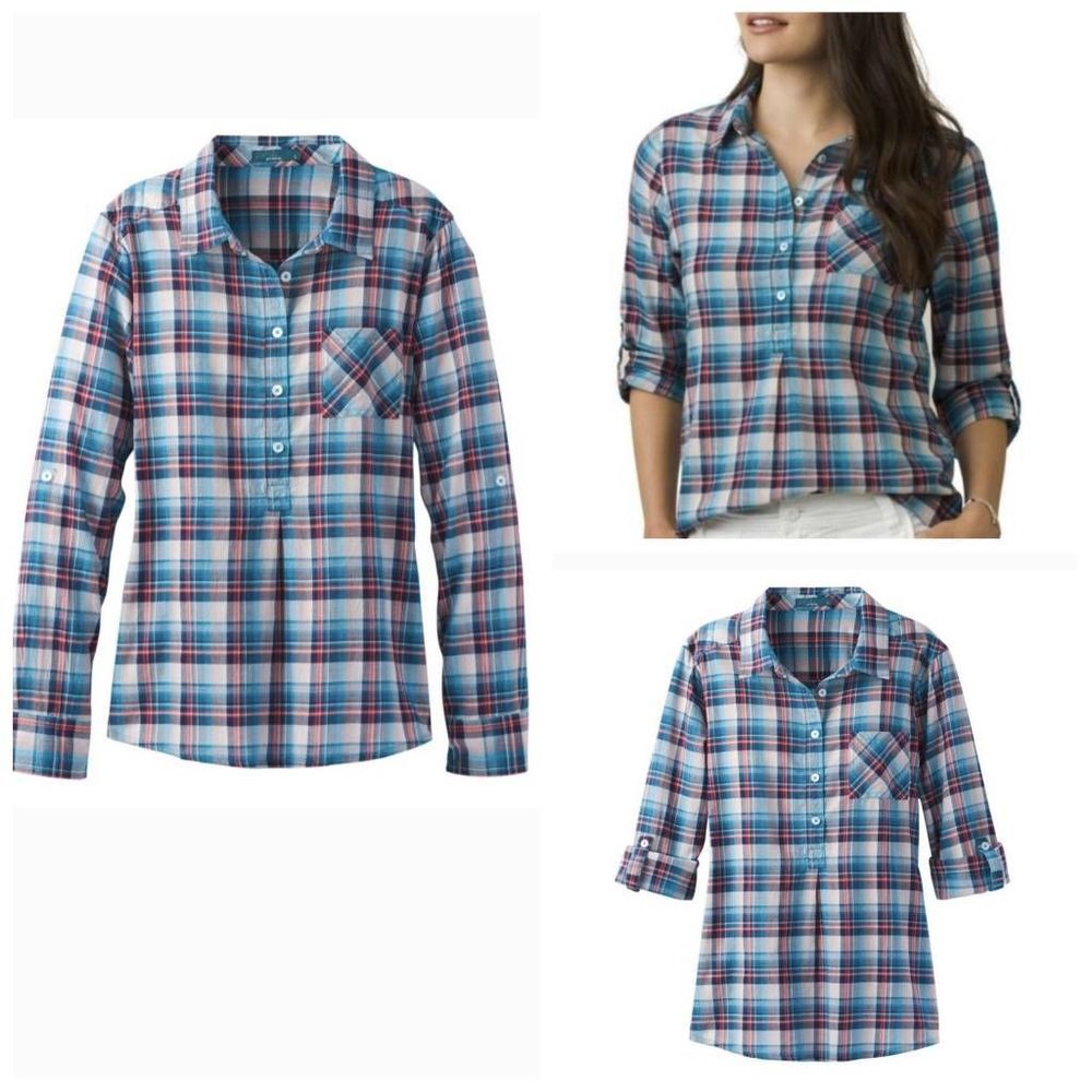 PRANA GINA Plaid 3/4 Placket Rolled Up Sleeves Shirt